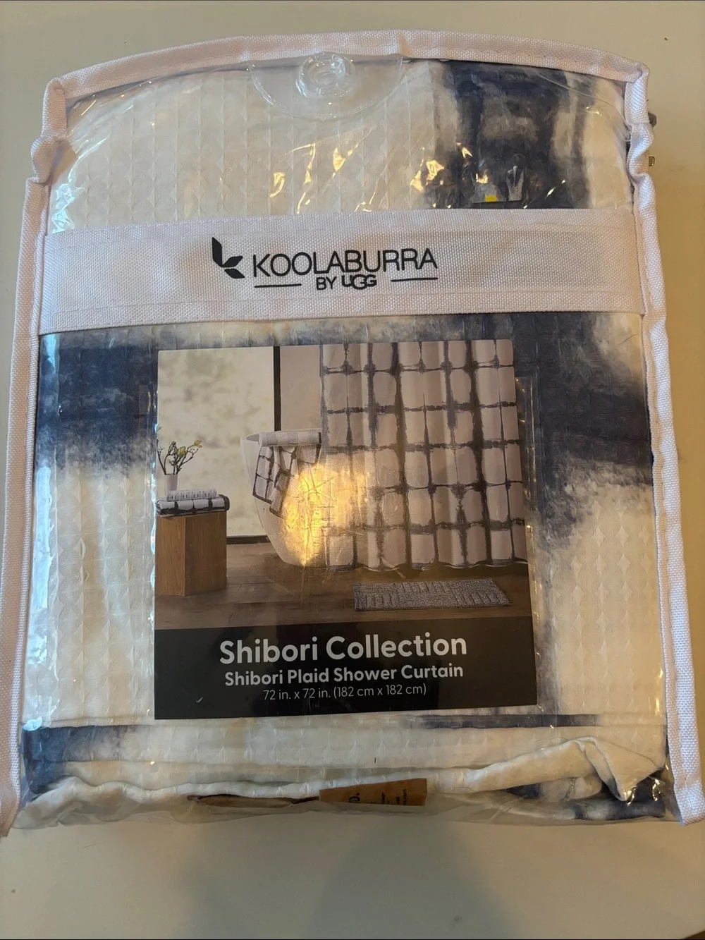 Koolaburra Shibori Plaid Shower Curtain - White & Navy Blue